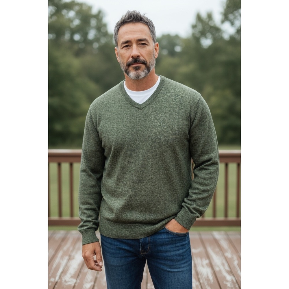 Vintage Tricots St Raphael Mens Green V Neck Merino Wool Sweater Size M
